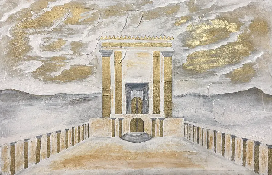 ציור של בית המקדש השני במרכז, עם עננים בעלי זהב, הרים אפורים ורחבה עם עמודים בזהב ולבן